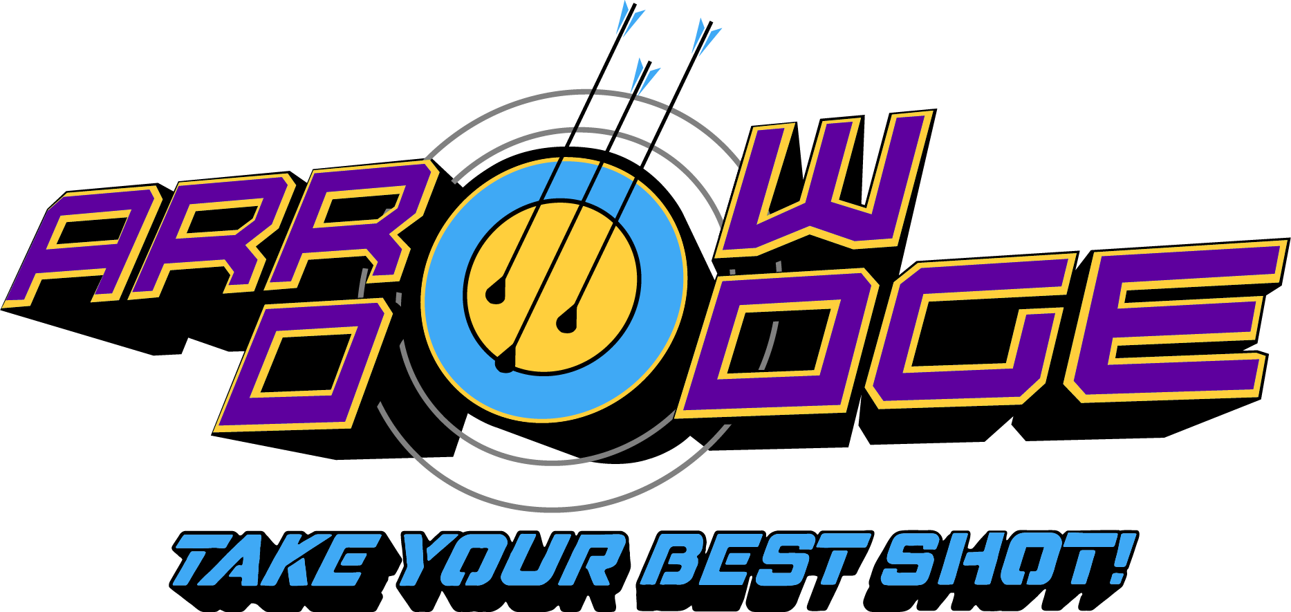 Logo for "Arrow Dodge" featuring two arrows in a blue and yellow target, integrated into the text. Below, it says "Take Your Best Shot!" in blue, stylized font.