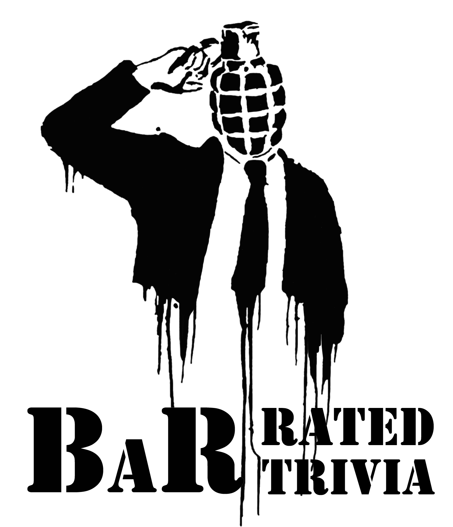 Black stencil-style image of a person in a suit with a grenade for a head, appearing to pull the pin. Text below reads “BaR Rated Trivia” in bold, stylized letters.