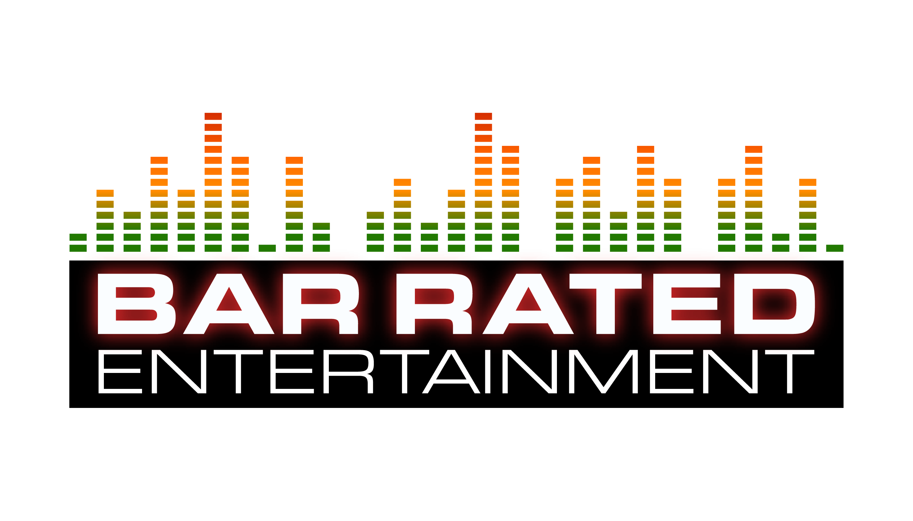 Logo for Bar Rated Entertainment featuring colorful audio equalizer bars in green, yellow, and orange above the company name. "BAR RATED" is in bold, glowing red letters, with "ENTERTAINMENT" in white below.