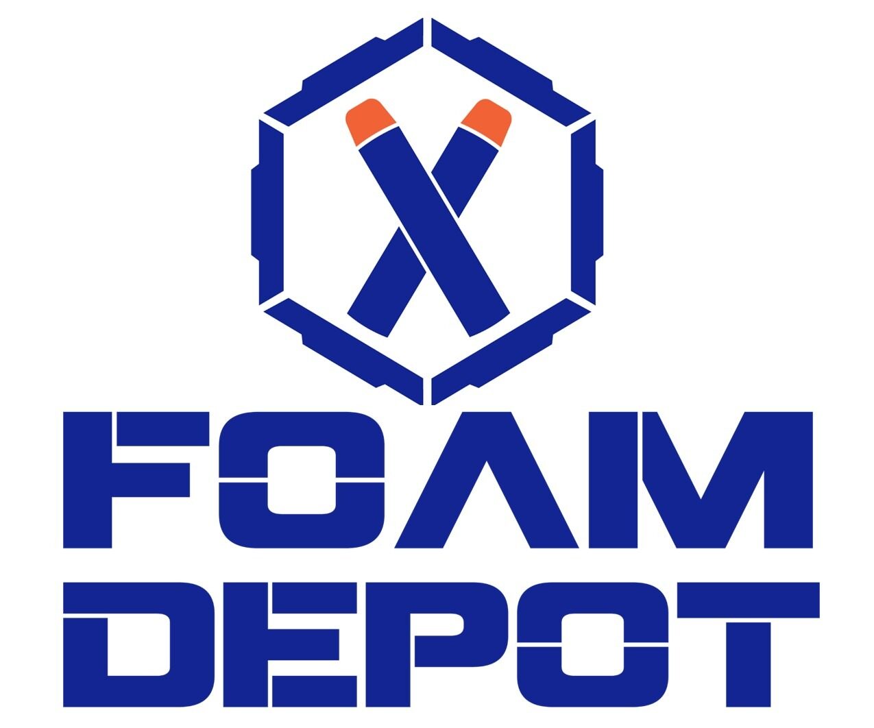 Logo for Foam Depot with two blue and orange foam darts crossed inside a blue hexagon above the bold, blue text "FOAM DEPOT" in a modern, angular font.