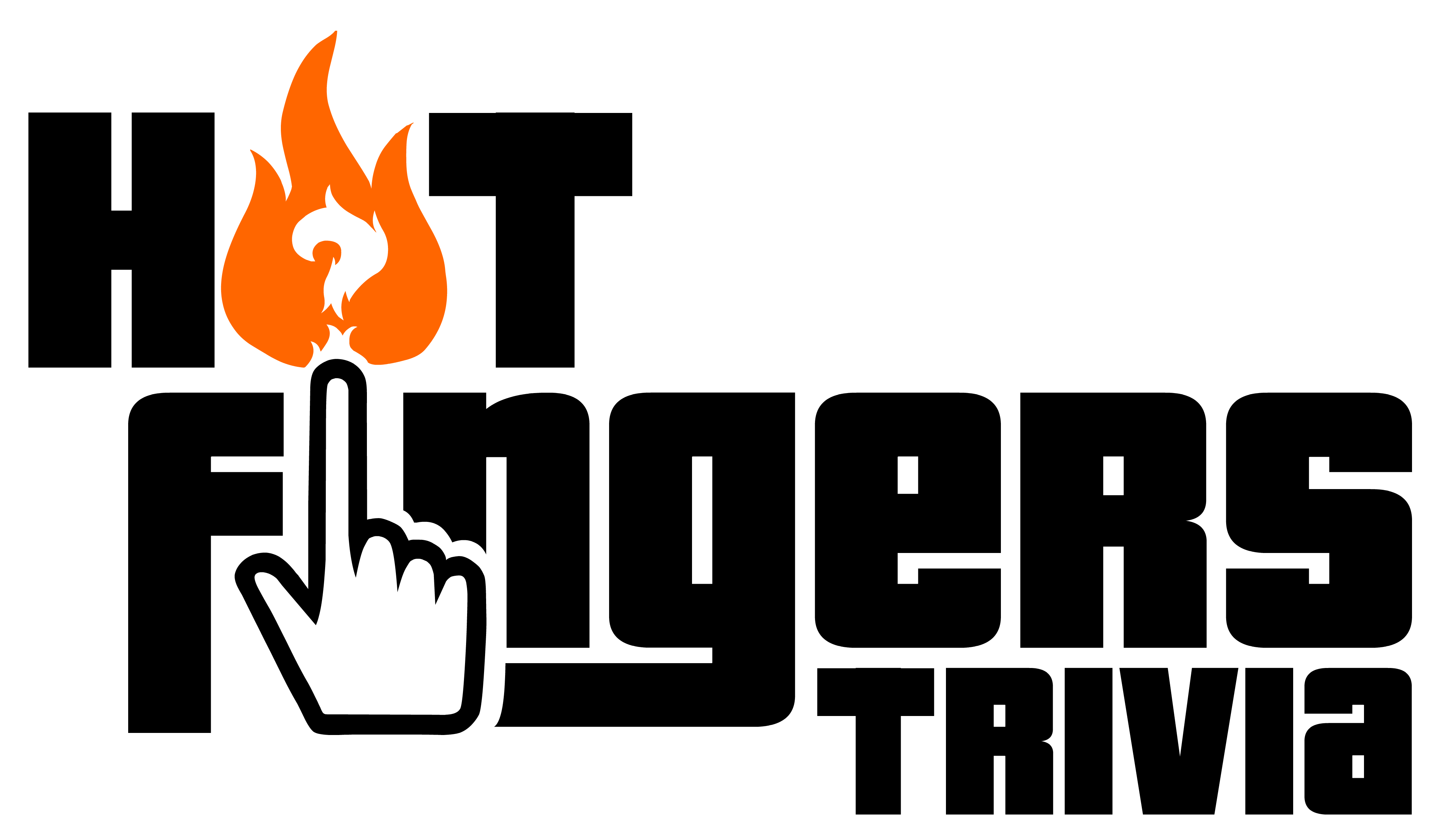 Logo for "Hot Fingers Trivia." The design includes bold black text, a hand icon with an extended finger touching an orange flame replacing the "I" in "Hot," and the word "Trivia" in the bottom right corner.