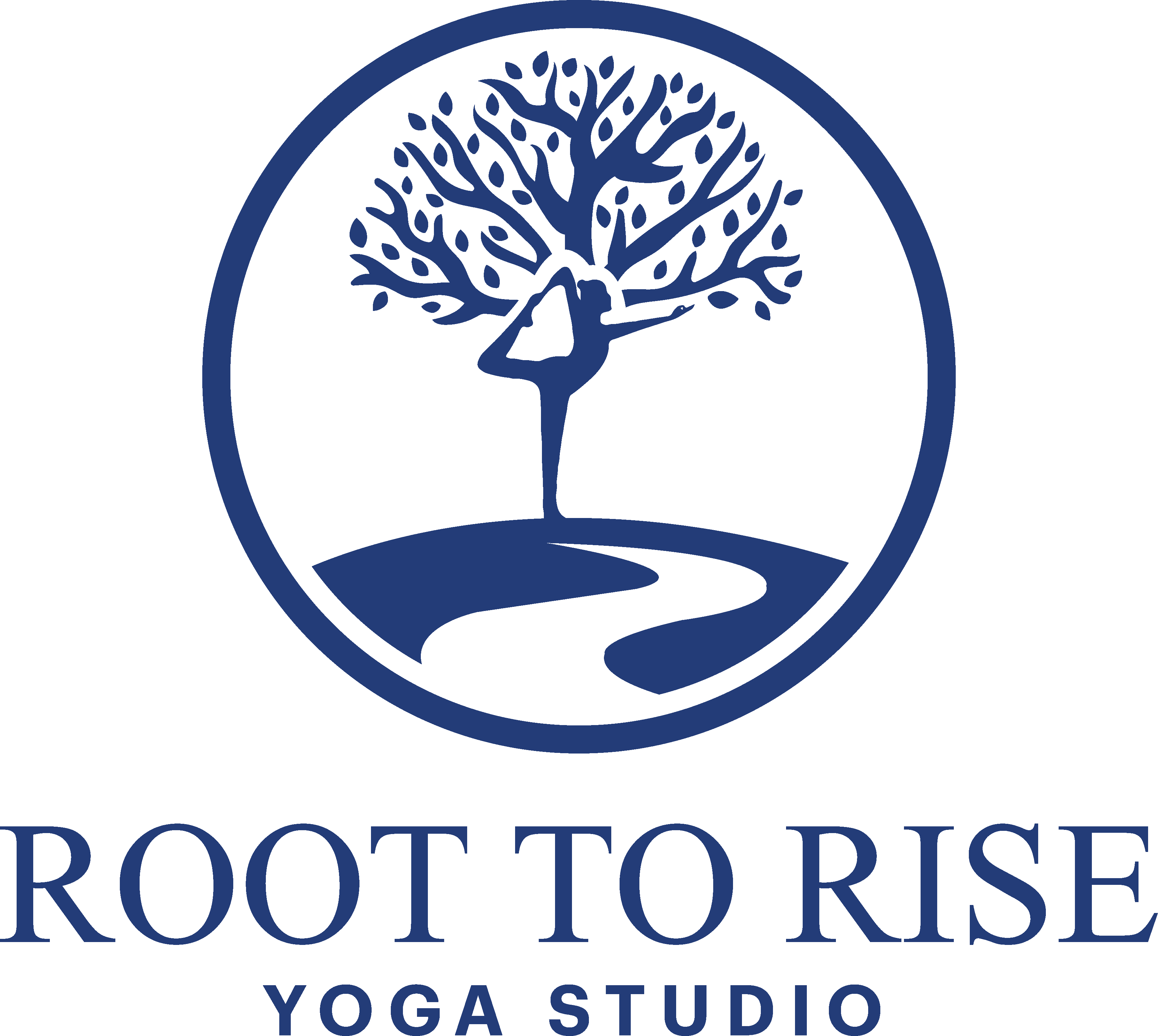 A circular logo with a person in a yoga pose forming a tree with outstretched branches. Below, a winding path appears on the ground. Text reads “ROOT TO RISE YOGA STUDIO” in blue uppercase letters.